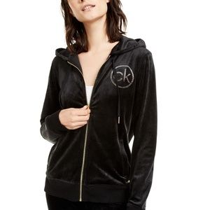 Calvin Klein Velour Logo Zip-Up Hoodie Black
